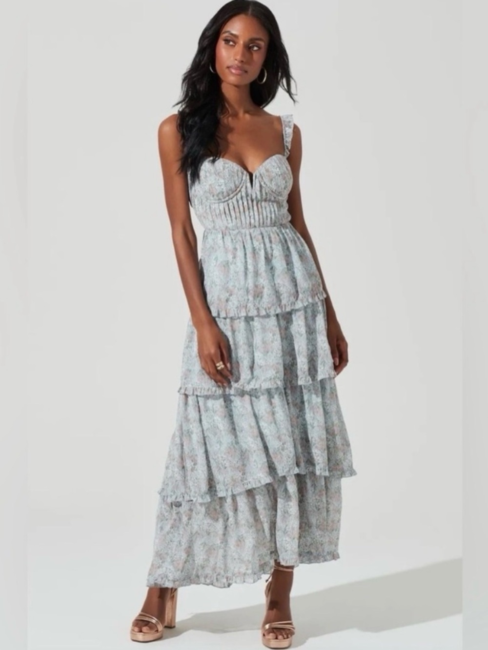 Astr Tiered Floral Maxi Dress in Light Blue and White